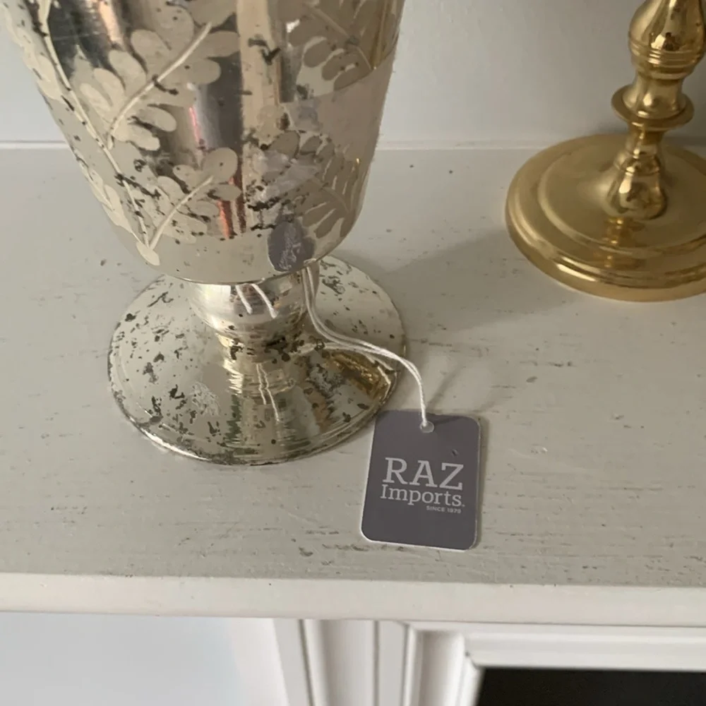 RAZ‎ IMPORTS Silver Etched Mercury Glass Footed Vase 8.75